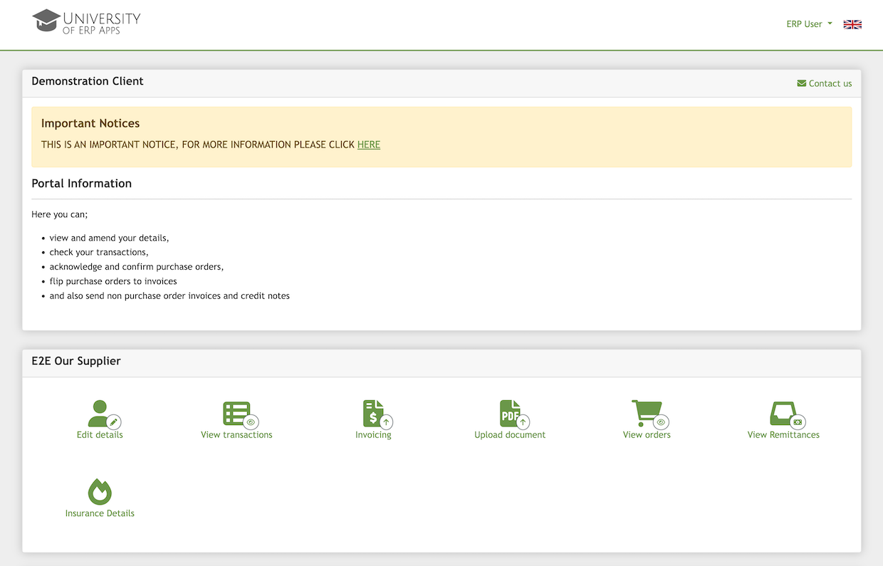 screenshot showing the portal front end for a supplier who has logged in. They are able to see an important message, an overview of the actions they can take and the action buttons